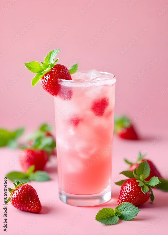 A glass of pink strawberry lemonade 핑크 딸기 레모네이드 A glass of pink strawberry lemonade 핑크 딸기 레모네이드