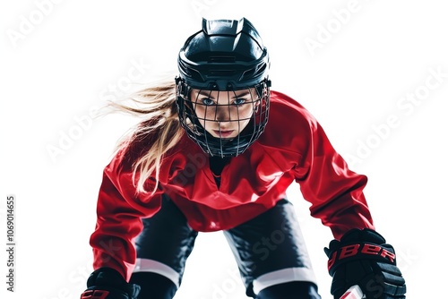 Hockey Player in Action: A determined female hockey player in full gear, her gaze focused and intense, ready to take on the ice.