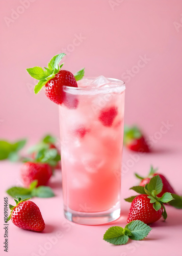 A glass of pink strawberry lemonade 핑크 딸기 레모네이드