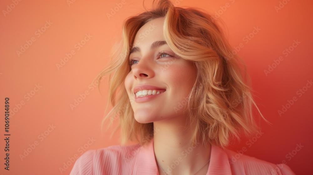 Portrait of a blonde woman against a pastel orange color background Portrait of a blonde woman against a pastel orange color background