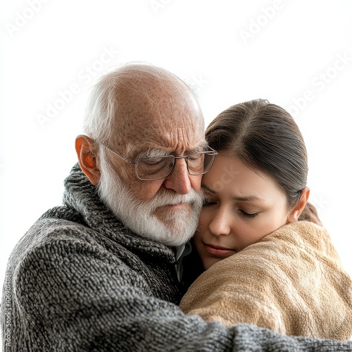 Older man with caregiver, gentle support, rehabilitation theme, isolated on white background photo