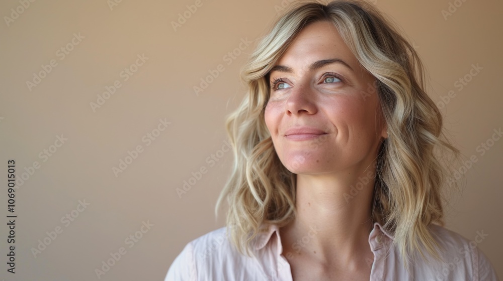 Portrait of a confident mature woman looking up and over with a slight smile against an earthy background