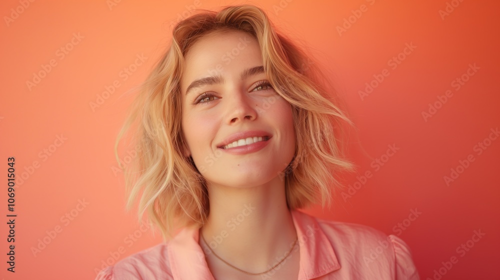 Fototapeta premium Portrait of a blonde teen girl against an orange color background
