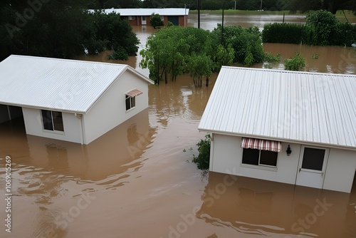 Aerial view of flooded house with dirty water all around it photo