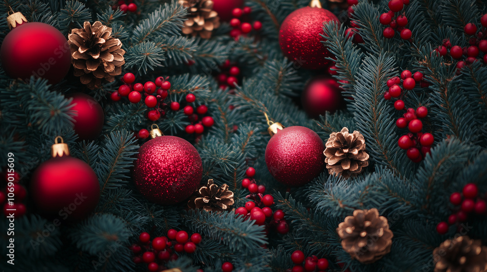 Red Ornaments and Pine Cones in Christmas Greenery: Festive arrangement of red baubles, berries, and pine cones on lush green pine branches. Perfect for holiday decorations, Christmas cards Red Ornaments and Pine Cones in Christmas Greenery: Festive arrangement of red baubles, berries, and pine cones on lush green pine branches. Perfect for holiday decorations, Christmas cards