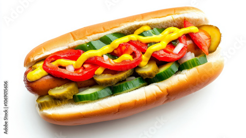 A hot dog topped with mustard, ketchup, pickles, and vegetables in a bun.