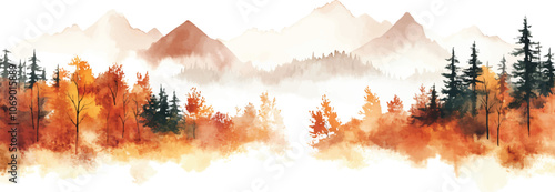 Watercolor autumn forest with mist covered mountains fall foliage seasonal landscape design resources elements