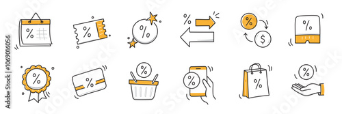 Doodle discount sale icon set. Discount percent, shop sale coupon hand drawn sketch line pen stroke style icon. Special price offer deal sketch doodle drawn collection. Vector illustration