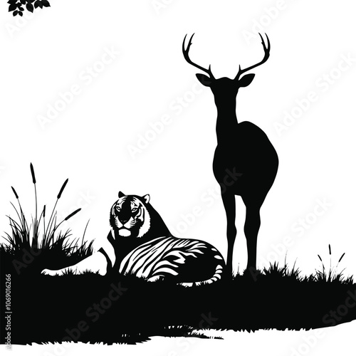 a vector pure black silhouette of a serene natural scene featuring a deer grazing peacefully on grass. Beside the deer,