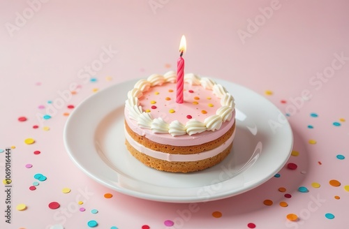 birthday cake with candle on a white plate and pink background photo