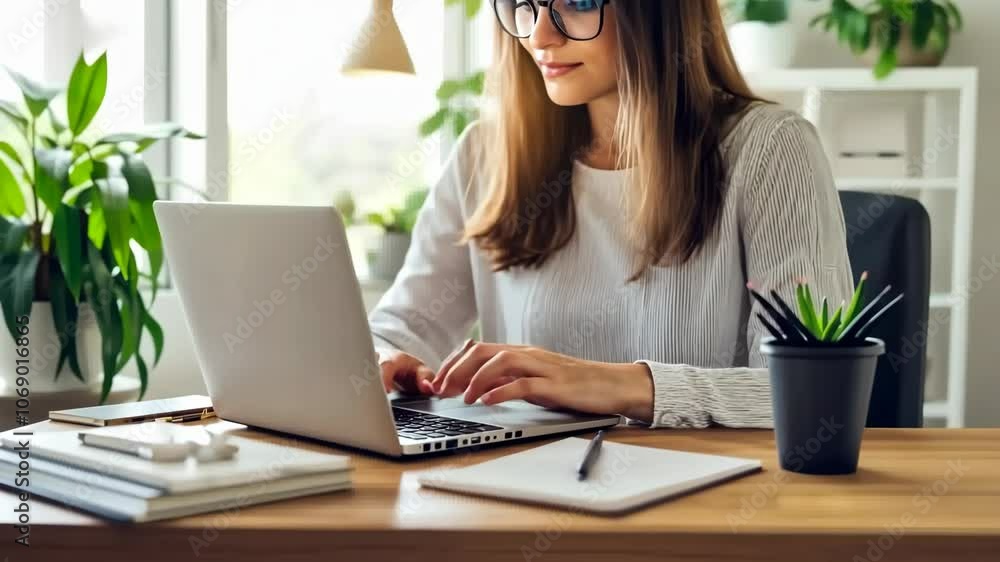 A woman works on a laptop at her desk, surrounded by plants A woman works on a laptop at her desk, surrounded by plants