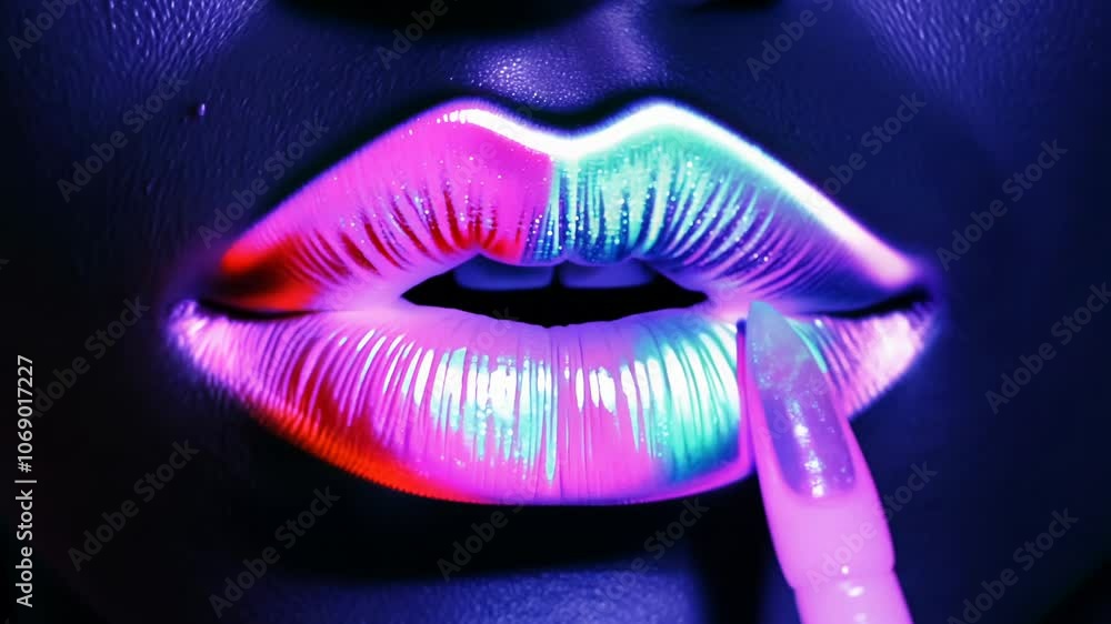 Camera movement gently zooms out on lips being painted with blacklight-reactive lipstick under colorful neon lighting Camera movement gently zooms out on lips being painted with blacklight-reactive lipstick under colorful neon lighting