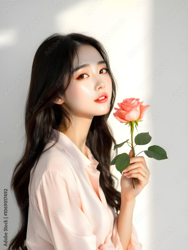 Beautiful korean young woman holding a rose in soft light, beauty photography Beautiful korean young woman holding a rose in soft light, beauty photography