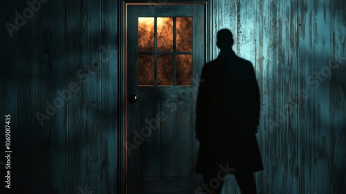 Halloween night menacing figure looms wooden door knocking relentless intensity creates chilling atmosphere. dim light casts eerie shadows. photo