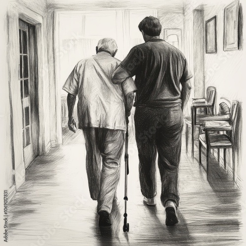 Nursing home care scene, caregiver helping elderly man walk, pencil and ink, soft lighting, peaceful indoor setting