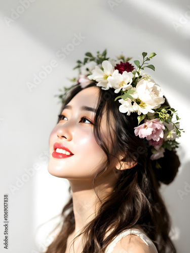 Beautiful korean young woman holding a rose in soft light, beauty photography