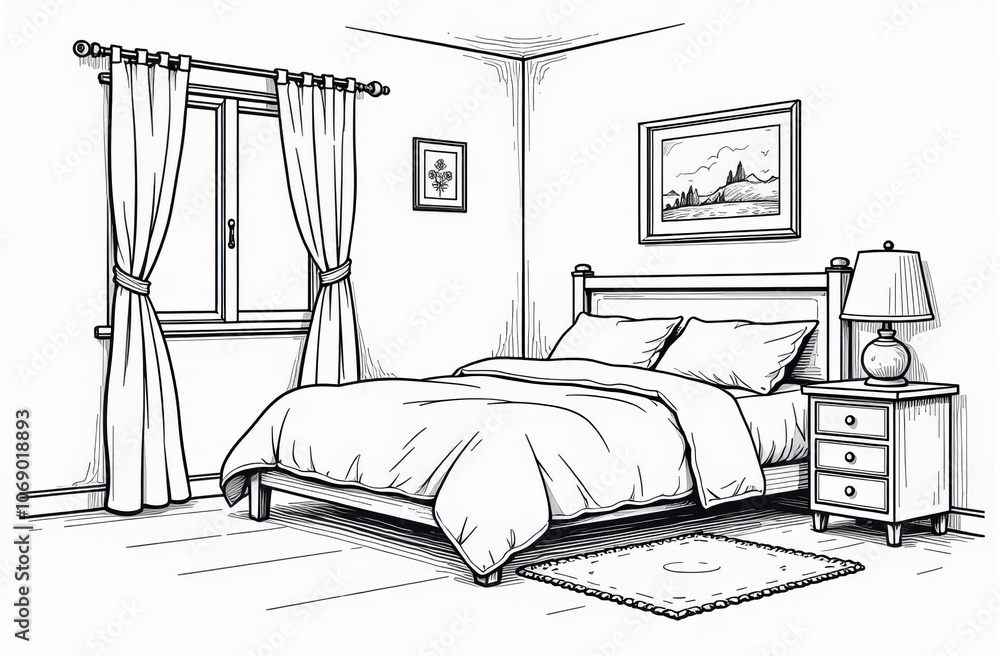 Coloring page with cozy bedroom sketch Coloring page with cozy bedroom sketch