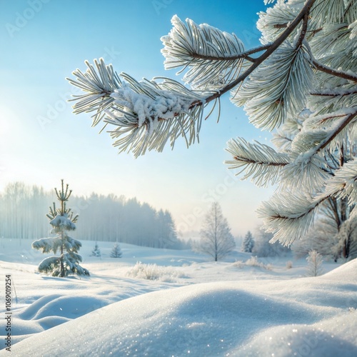 Winter bright background. Christmas landscape with snowdrifts and pine branches in the frost. photo