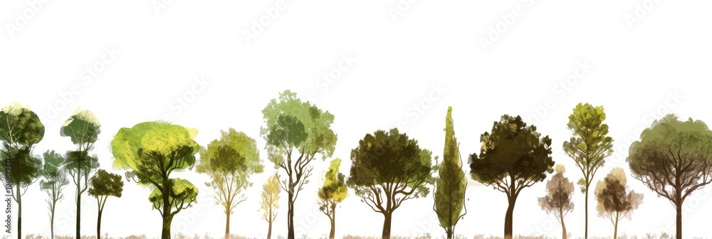 Fototapeta premium Various Tree Silhouettes on White Panoramic Background