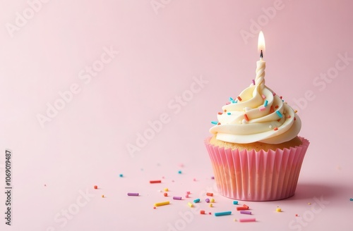 Birthday cupcake with candle on pink background, space for text photo