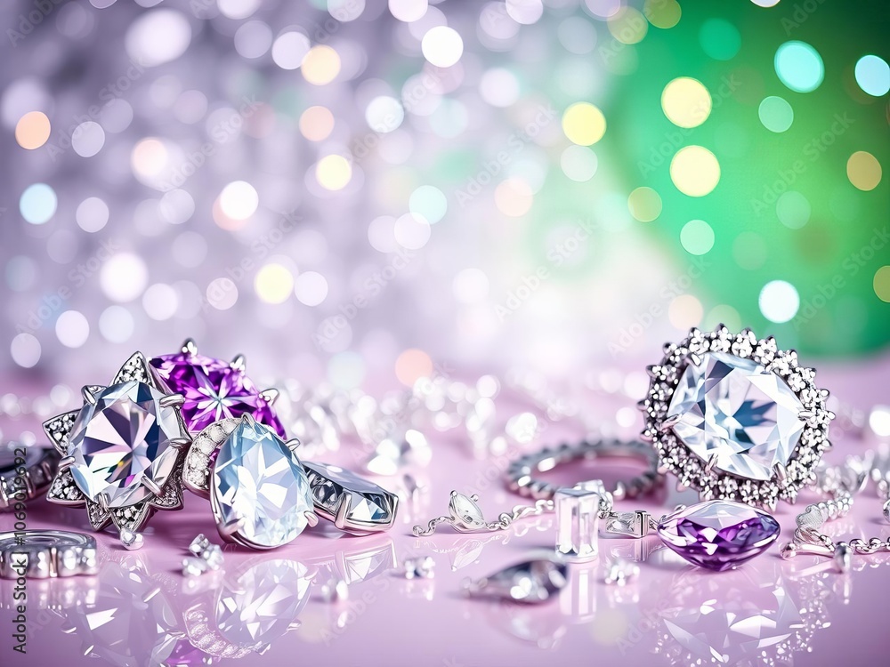 Assortment of shimmering jewels on a sleek grey background, glamorous, fashion Assortment of shimmering jewels on a sleek grey background, glamorous, fashion