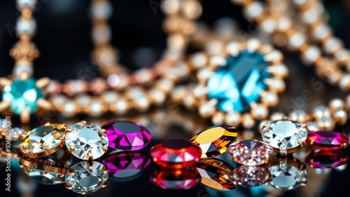 Assortment of sparkling jewels on a sleek grey background, beauty, chic