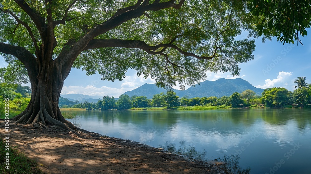 A large tree with sprawling branches casts shade over a tranquil lake, with a mountain range in the background on a sunny day. A large tree with sprawling branches casts shade over a tranquil lake, with a mountain range in the background on a sunny day.