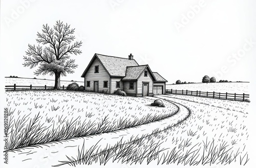 Farm house in country fields background sketch
