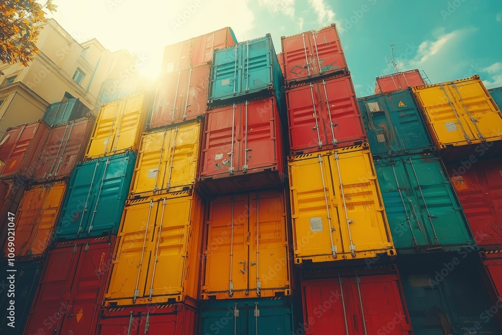 Fototapeta premium A Stack of Colorful Shipping Containers Against a Bright Sky