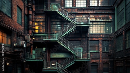 An industrial staircase in a weathered brick building, showcasing urban architecture and design.