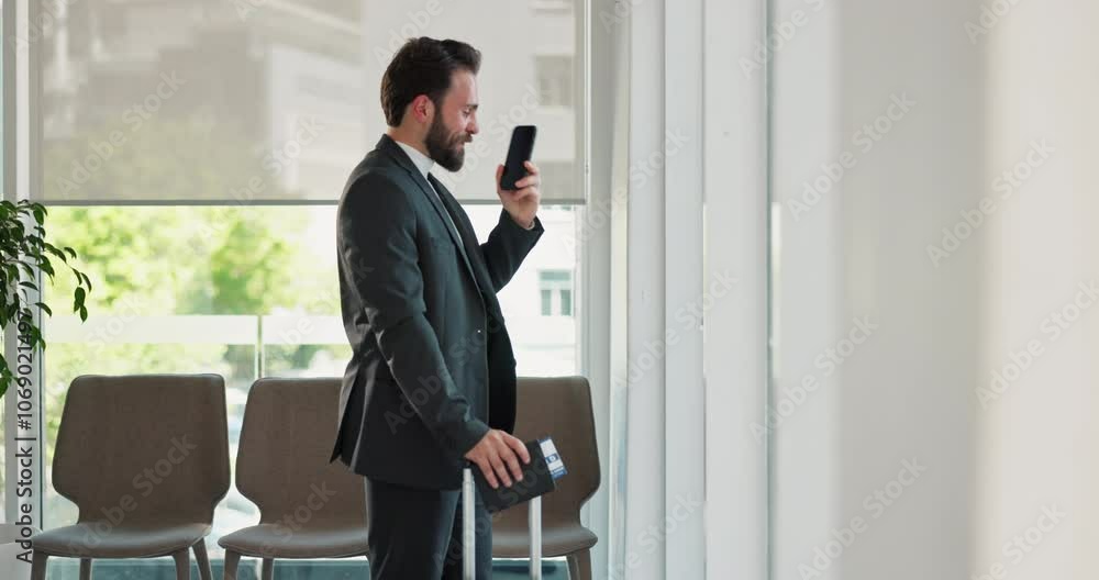 Suitcase, phone call and business man in lobby for commute, travel and work trip waiting. Professional, corporate worker and person check time on smartphone for contact, talking and chat with luggage Suitcase, phone call and business man in lobby for commute, travel and work trip waiting. Professional, corporate worker and person check time on smartphone for contact, talking and chat with luggage