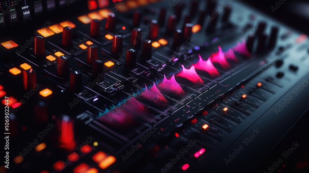 Colorful sound mixer with glowing controls in a dimly lit recording studio at night Colorful sound mixer with glowing controls in a dimly lit recording studio at night