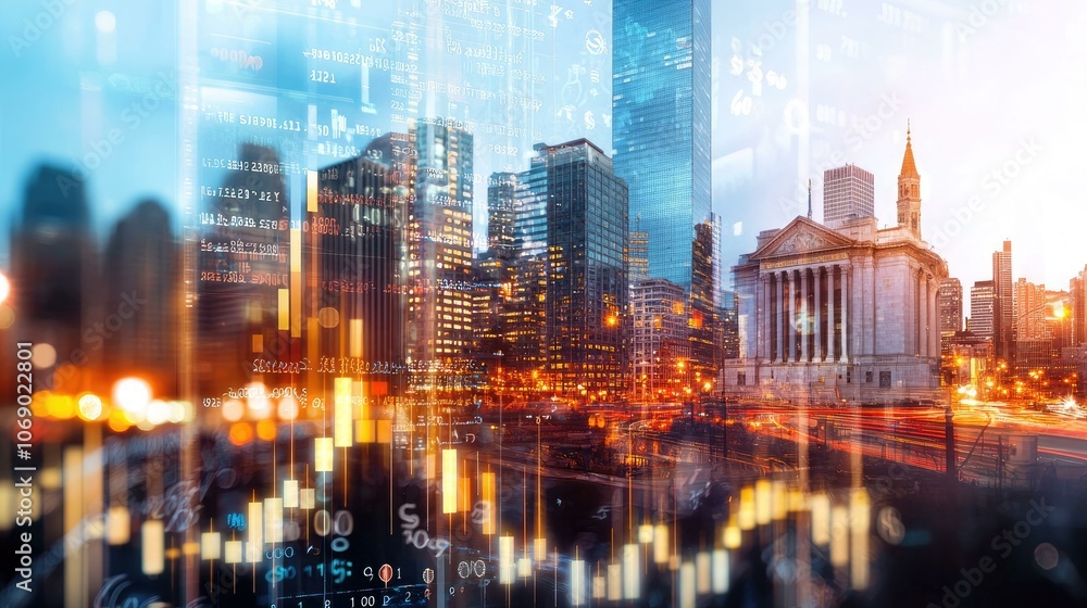 A vibrant city skyline at sunset blended with stock market graph indicators, representing the intersection of urban life and financial growth in a modern metropolis filled with hope.