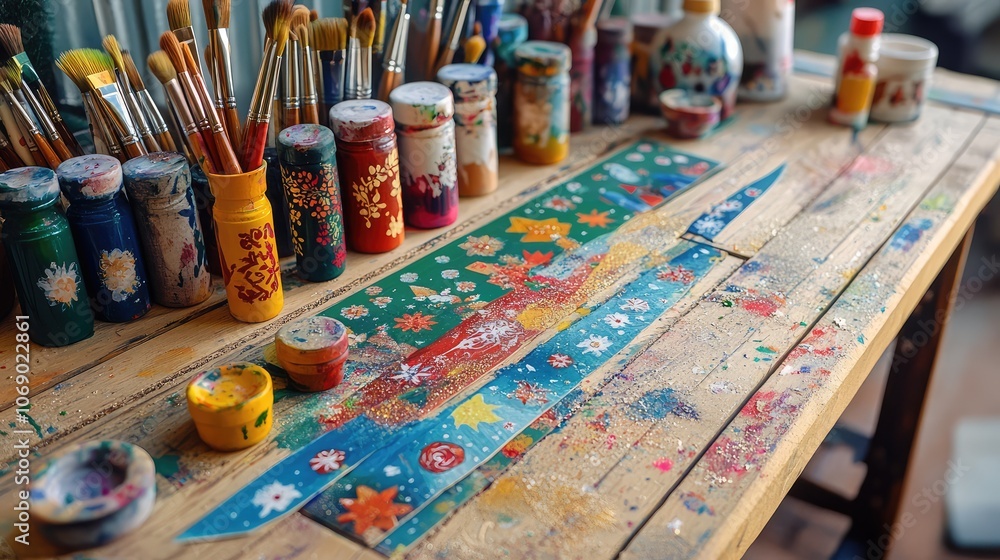 Hand-painted holiday-themed wooden signs, with paintbrushes, paint bottles, and a Christmas pattern in progress. Hand-painted holiday-themed wooden signs, with paintbrushes, paint bottles, and a Christmas pattern in progress.