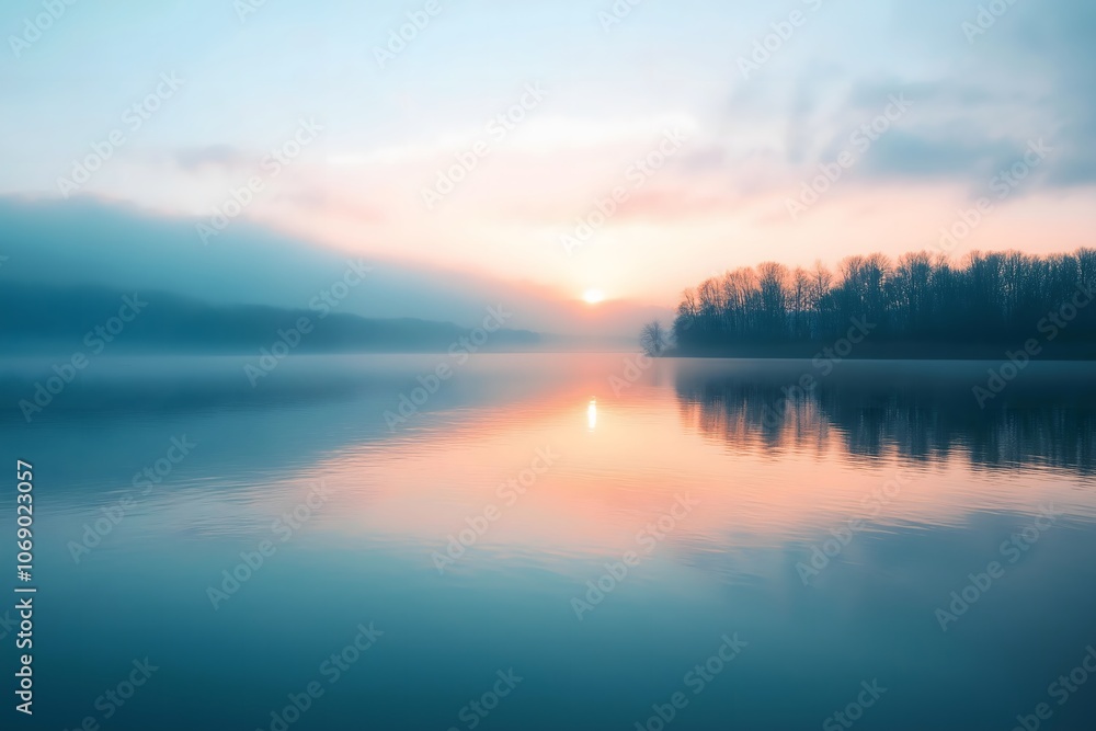Fototapeta premium Misty Sunrise Lake Reflection Tranquil Scene
