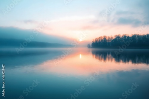 Misty Sunrise Lake Reflection Tranquil Scene