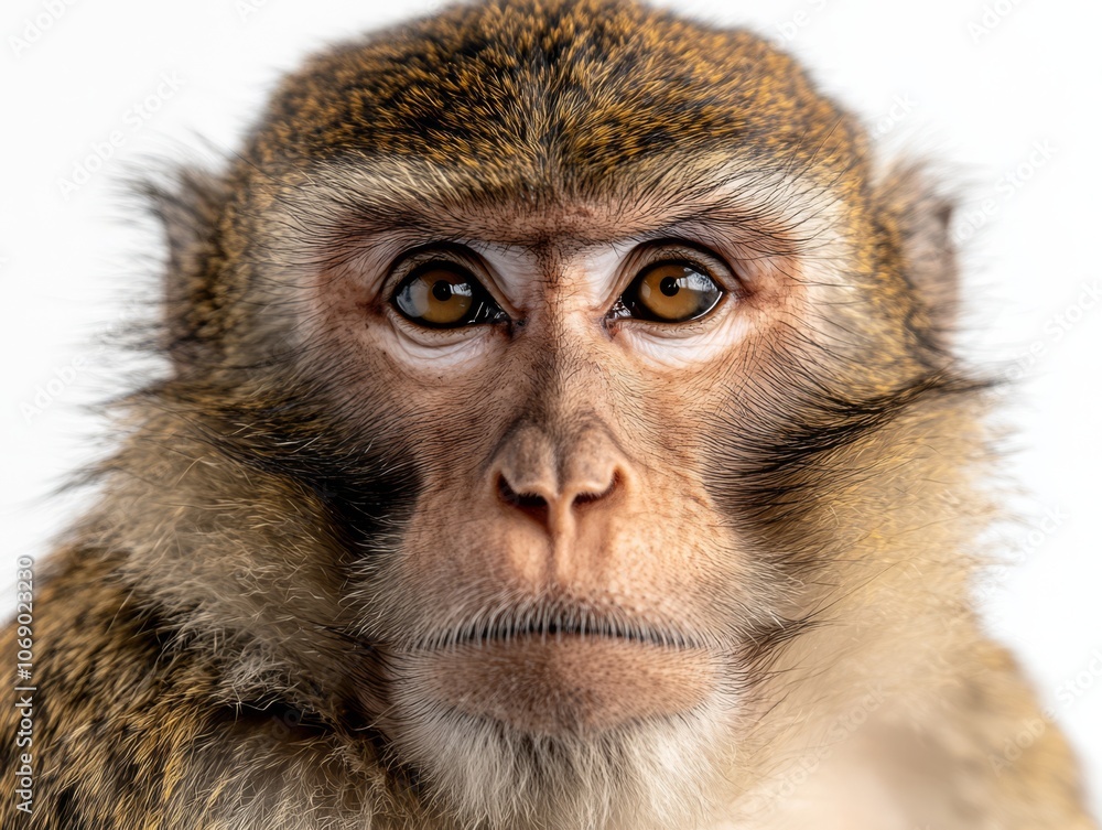 Close-Up Headshot of an Isolated Monkey on White Background Close-Up Headshot of an Isolated Monkey on White Background