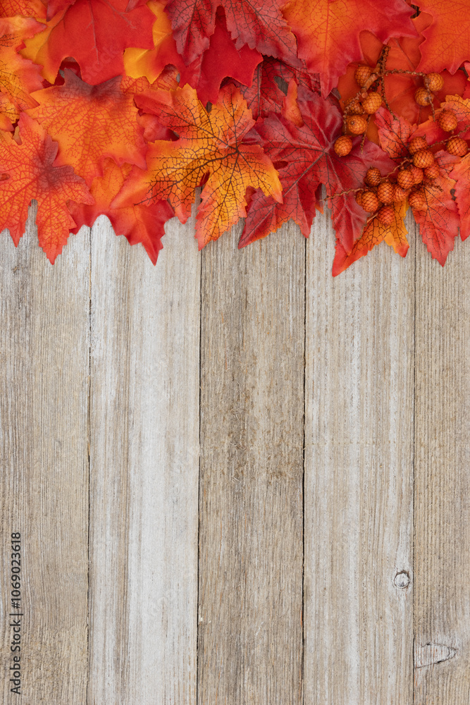 Fall leaves on weathered wood autumn background Fall leaves on weathered wood autumn background