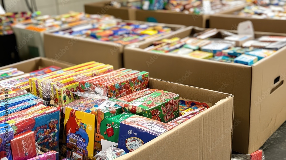 Boxes filled with donated books and toys with holiday-themed tags, ready for a community charity event. Boxes filled with donated books and toys with holiday-themed tags, ready for a community charity event.