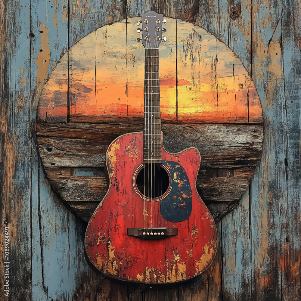 Fototapeta premium Rustic, weathered guitar with red, chipped paint mounted on a circular wooden background, resembling a sunset scene