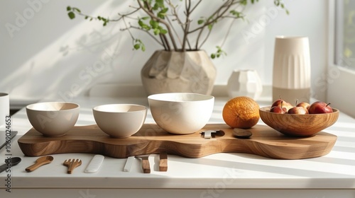 Wallpaper Mural Wooden Serving Tray with Bowls, Fruit and Utensils Torontodigital.ca