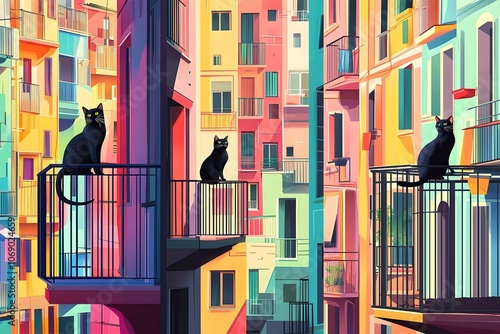 black cat balcony apartment building colorful cityscape vibrant dreamscapes surrealist art illustration design digital art photo