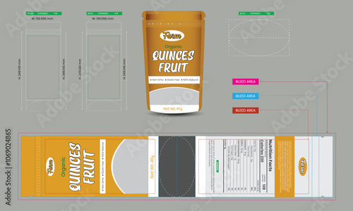 Quinces fruit pouch design template, pouch packaging mockup, food and product branding design