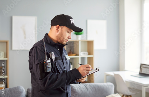 Policeman writing crime data report, statistic, interrogating victim or witnessed, officer police man in uniform, interviewing suspected criminal, gather prosecution evidence, assault, theft 