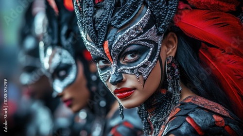 Nigerian masquerade with elaborate costumes and masks photo