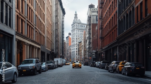 A bustling city street scene featuring classic architecture and parked vehicles.