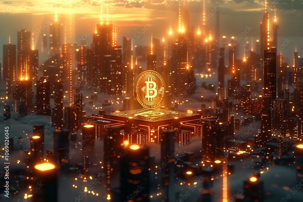 Fototapeta premium Futuristic Bitcoin Dominance over a Cybernetic Cityscape with Glowing Lights and High-Tech Architecture