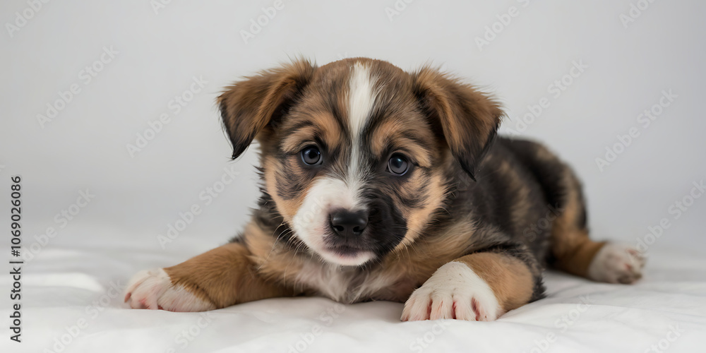 cute dog lying on white background, created by generative AI