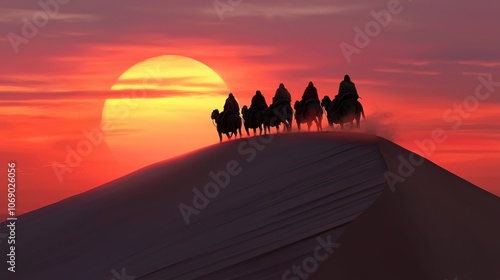 Nomadic caravan crossing a Saharan sand dune at sunset photo