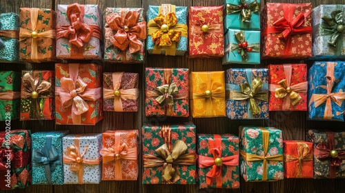 Collection of small Christmas gifts wrapped in colorful paper with intricate bows, displayed in a festive setting.